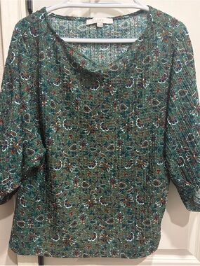 LOFT Green Floral Print Peasant Top
